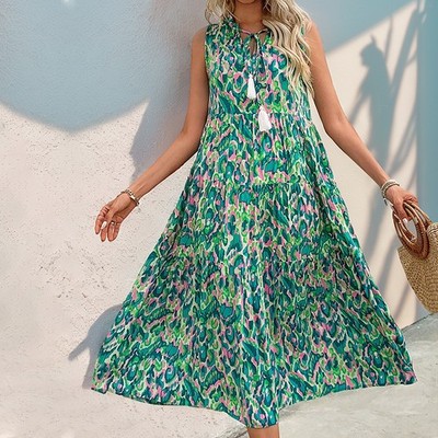 mid length beach dresses Women's long skirt vacation abstract printed dress sleeveless// and everyday boho style Size:See description Black Satin Lapel Women's coll:Deluxe