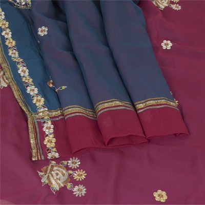 Sanskriti Vintage Sarees Purple Pure Georgette Silk Fabric Hand Embroidery Sari