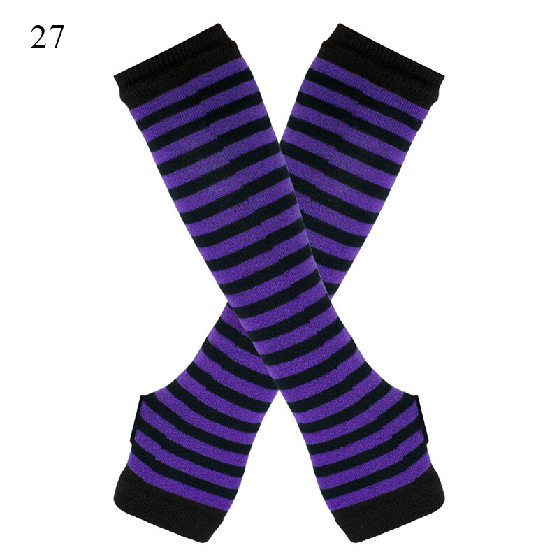 Women Gloves Striped Arm Sleeve Warmer Long Knitted Fingerless Gloves