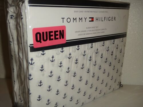 TOMMY HILFIGER Nautical Navy Anchors 4-PC QUEEN SHEET SET Blue White 60% Cotton - Picture 1 of 12