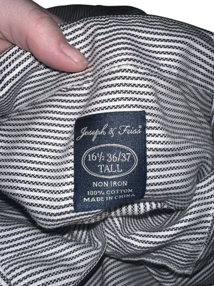 Camisa de vestir Joseph & Feiss para hombre con botones talla 16,5 alta blanca negra a rayas sin hierro Foto 3 de 4