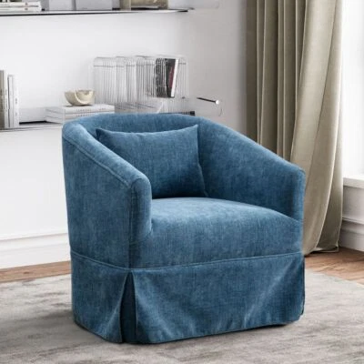HOMESTUDION Modern 360° Upholstered Swivel Barrel Accent Chair Linen Armchair with Skirt