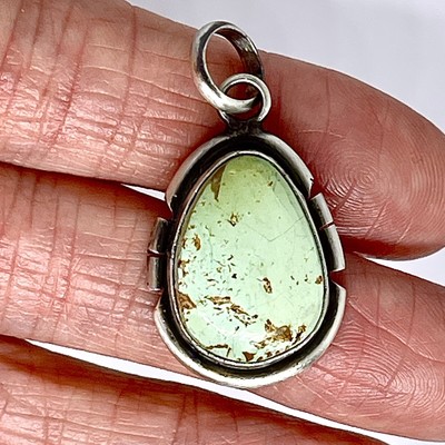 Navajo Natural Turquoise Pendant 1.5 in Skeets Pear Sterling Matte Patina USA