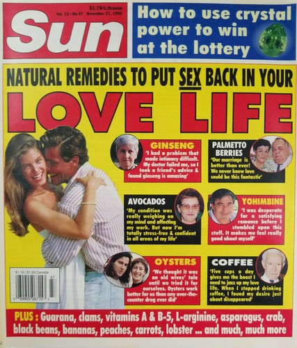 Sun Tabloid Magazine Nov 21 1995 Love Life Natural Remedies Crystal Power Ebay