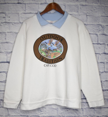 Vintage 90s Cape Cod Birds Grannycore Collared Sweatshirt XL White Cotton  USA