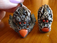 Rare Aged Jewelry Himalayan Silver Coral Set Ring & Pendant With Long Chain