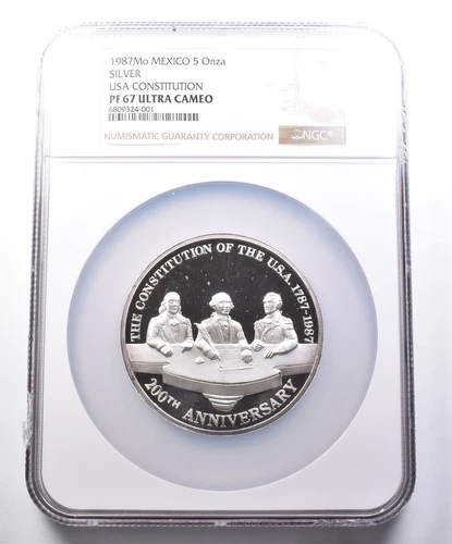 PF67 UCAM 1987 MO Mexico 5 Onza USA Constitution 5 Oz Silver NGC *0639