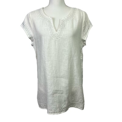 Kenar Women s Pullover Linen Top Sz Large Ivory Silver Metallic Embroidery