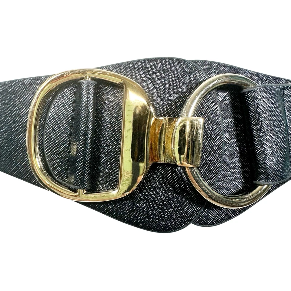 Large Black Statement Belt Hook N Loop Goldtone Buckle Corset Chic Boho Size M/L - Image 3 of 4