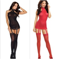 Dreamgirl Semi-Sheer Halter Garter Dress Lace Trim Stockings OS Black  Red