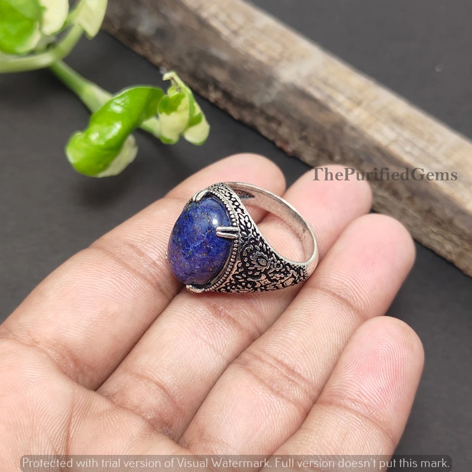 Anillo enchapado en plata de ley 925 con piedras preciosas de lapislázuli hecho a mano ~ joyería mínima Foto 3 de 4