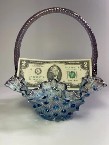 Fenton Art Glass Large 9" tall Easter Basket - Blue with Lavender Handle