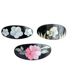 3 vintage barrette unique mother of pearl embedded hibiscus flower fish