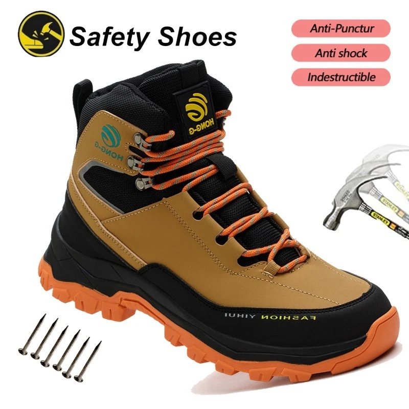 Non Slip Men's Steel Toe Work Boots Construction Waterproof Leather Safety Shoes