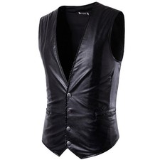 Men Sleeveless Solid Color Slim Leather Vest - Red