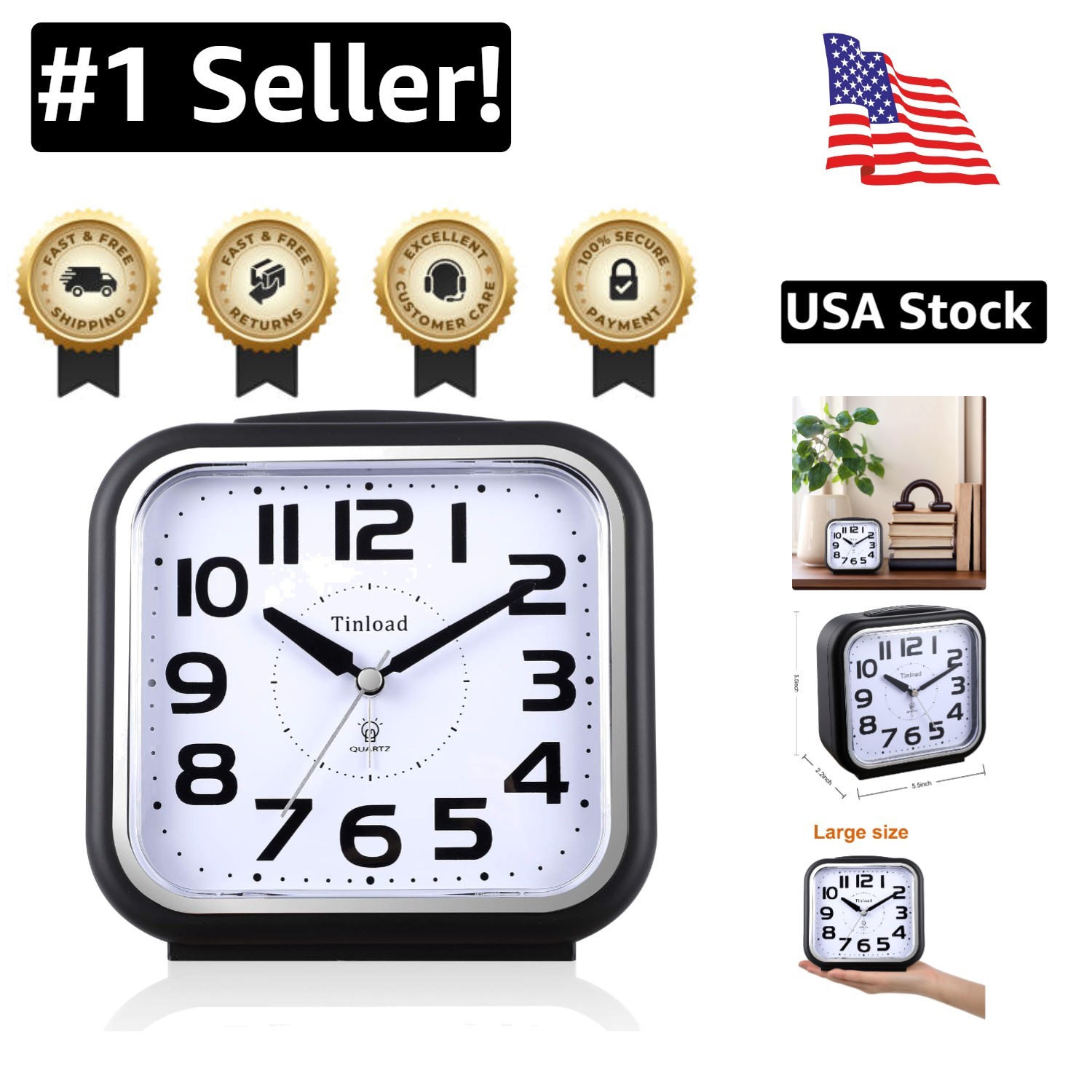 5.5-Inch Silent Analog Alarm Clock with Snooze Gentle Wake for Seniors