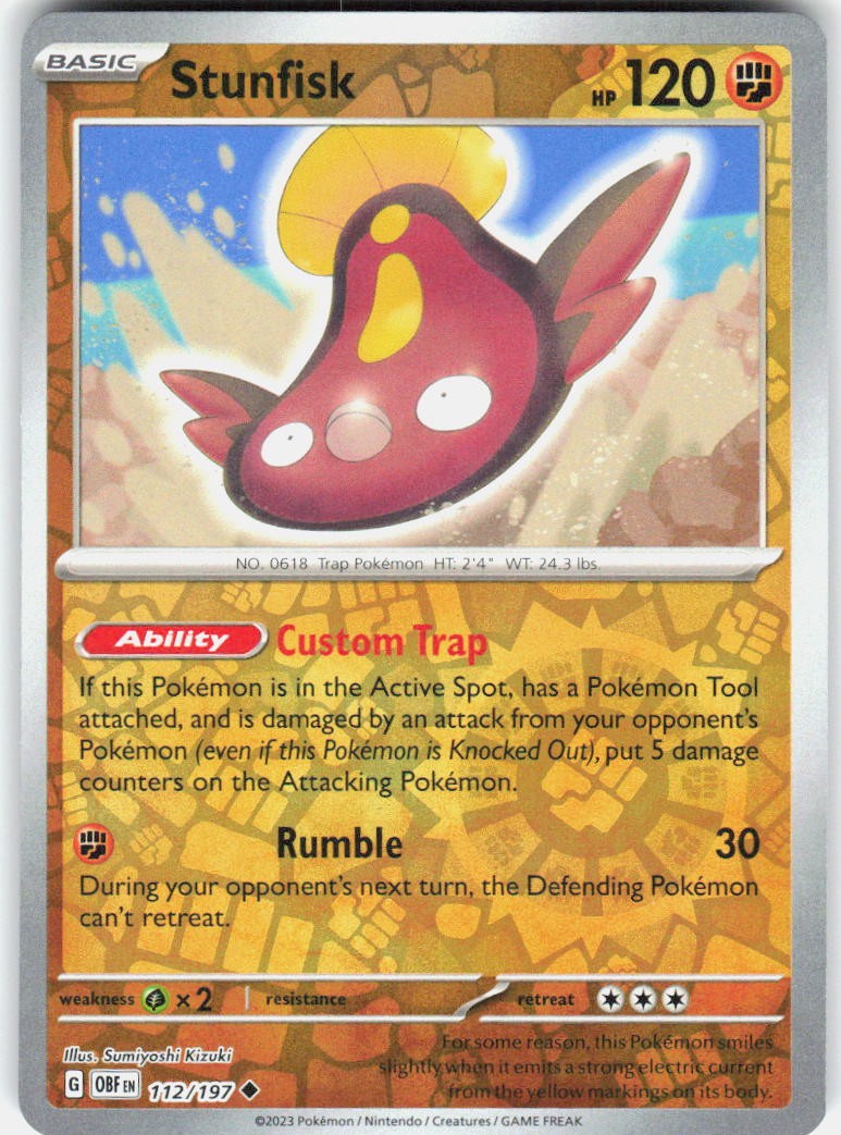 Stunfisk Uncommon 112/197 Obsidian Flames Pokemon Reverse Holo Near Mint
