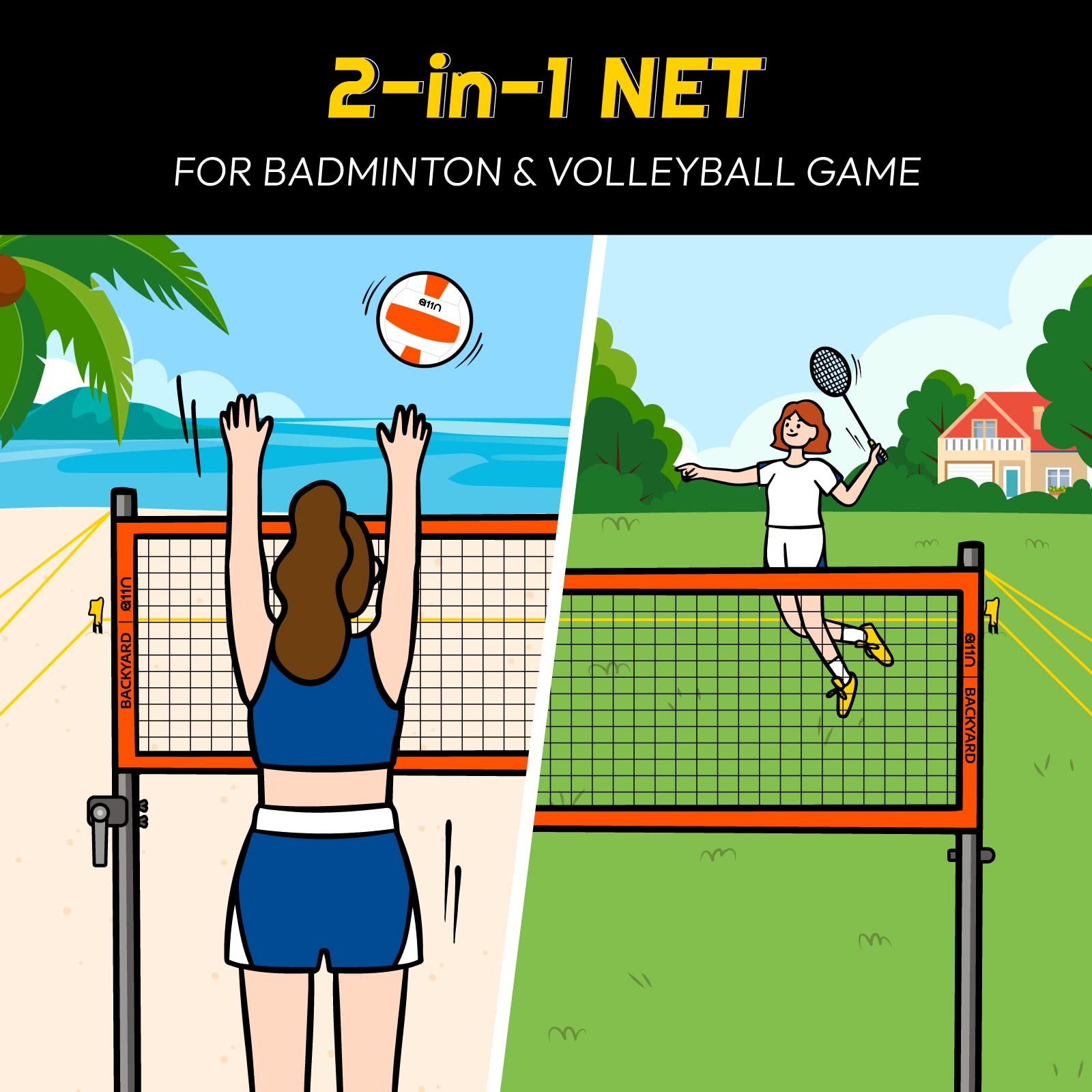 A11N Outdoor Volleyball and Badminton Combo Set - Includes Adjustable Height ...