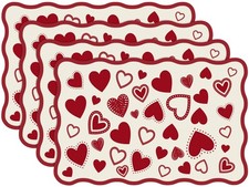 4 Pcs Valentines Day Red Hearts Placemats, 12 x 18 Inch Scalloped Placemats A...