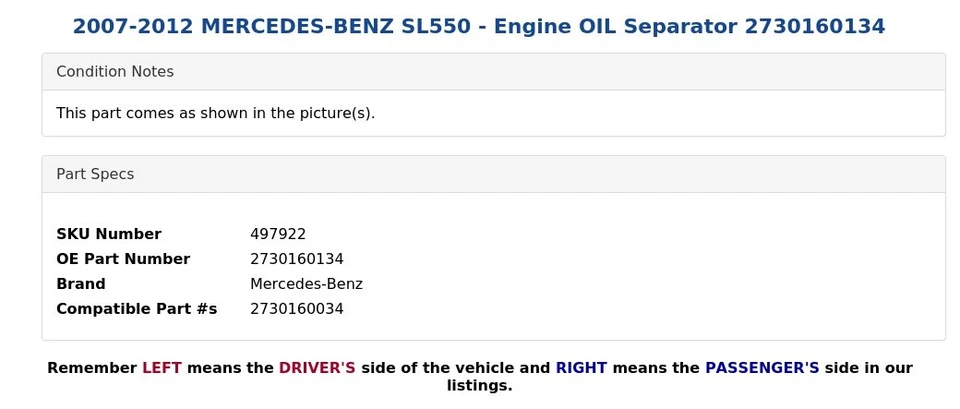 2007-2012 MERCEDES-BENZ SL550 - Engine OIL Separator 2730160134 - Image 4 of 4
