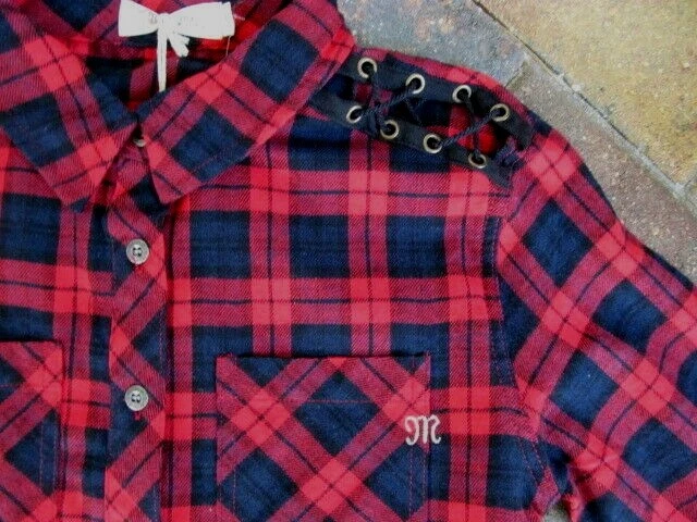 Camisa de franela trasera a cuadros roja y negra Miss Me Girls talla M nueva con etiquetas  Foto 2 de 3