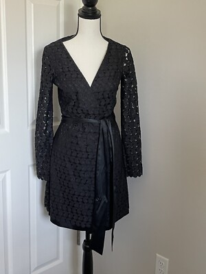 Diane Von Furstenberg DVF Derbette Black Lace Wrap Dress Size