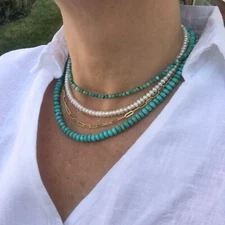 Sterling Silver Genuine 6MM Kingman Turquoise Beaded Necklace Unisex Boho Choker