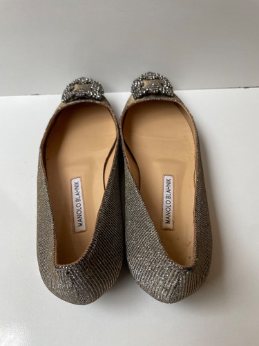 Manolo Blahnik Hangisi Jeweled Glitter Silver Satin Women's Flats EUR 39 / USA 9 - Picture 16 of 21