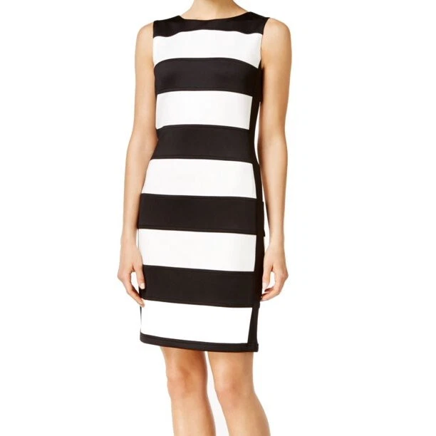 Calvin klein black best sale and white striped dress