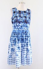 Talbots Blue Floral Ombre Gingham Plaid Printed Fit and Flare Pleated Dress 4P