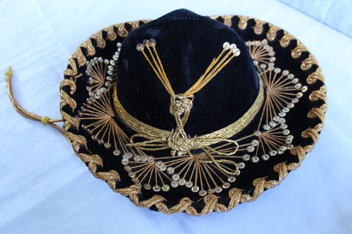 VTG Pigalle Mexican Mariachi Sombrero Childs XXXXXXX 19" Hat Black Velvet Gold - Picture 6 of 12