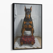 Dobermann Dog On The Phone On The Toilet Funny Bathroom Canvas Print Wall Art