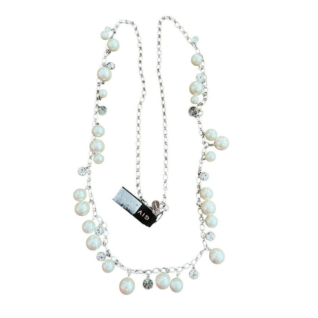 NUOVA Collana Lunga Givenchy Finta Pavimentazione Perla Strass Argento Splendida 42"