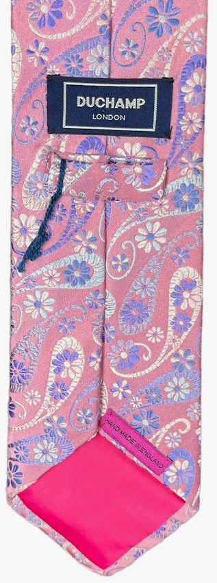 Gravata de seda DUCHAMP rosa paisley multicolorida com flores minúsculas alto brilho - Excelente estado usado - Imagem 4 de 4