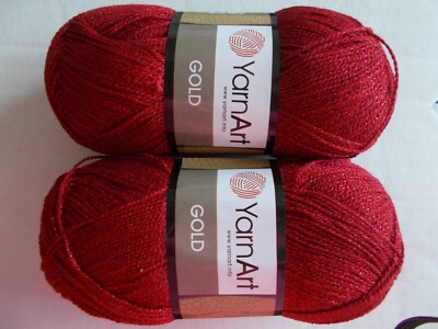 YarnArt Gold sparkly metallic yarn, Red/Red (#9003), lot of 2, (437 yds each)