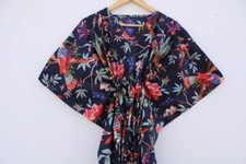 Indian Navy Blue Bird Women's Clothing Cotton Kaftan Night Gown Maxi Dress US