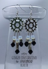Steampunk Industrial Gear Earrings w/ Moonstone, Black Crystals Shepherd Hooks