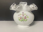 Vintage Fenton Silver crest Ruffled Vase Hand painted Violets Signed J. Stevens