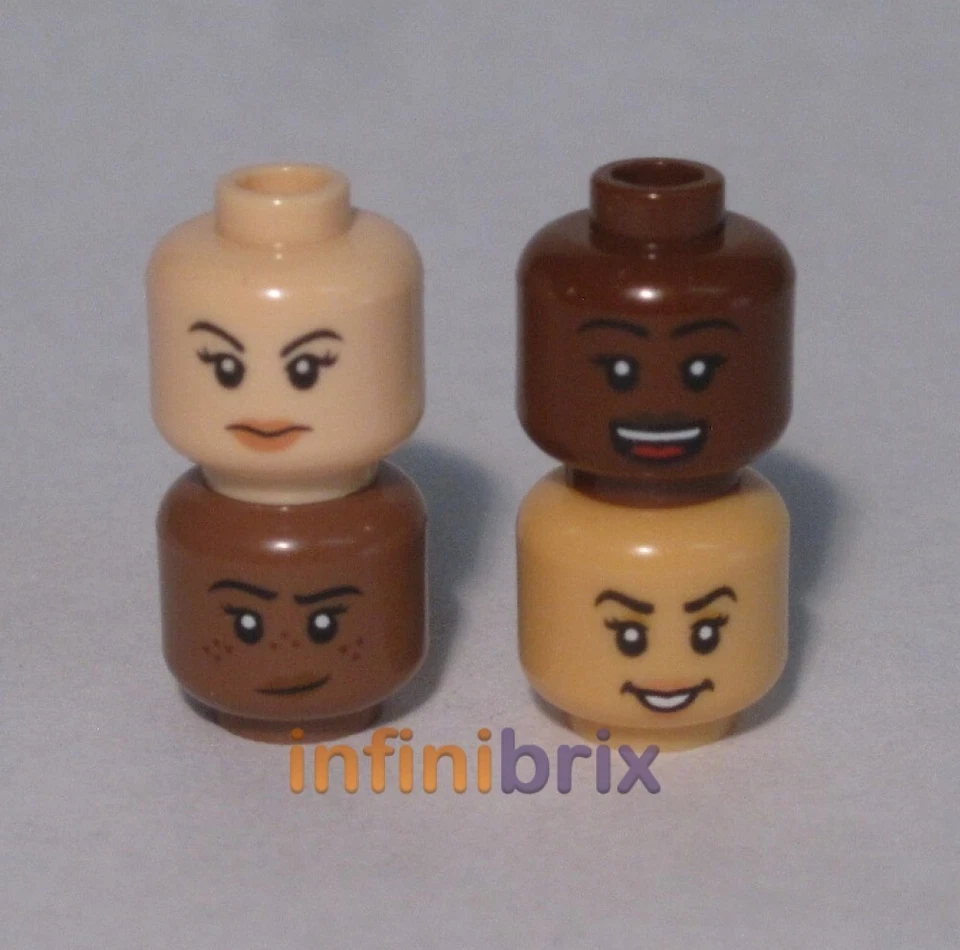 4x Lego Female Mixed Flesh Heads Light/Dark Nougat Brown Skin Tones NEW
