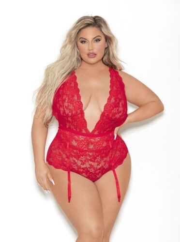 Escante Queen Euphoria Deep V Lace Teddiette Teddy w/Open Crotch Red - Picture 1 of 4