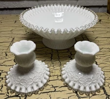 VTG Fenton Ruffled Milk Glass Bowl & Candlesticks Holders Set Lot Silver Crest