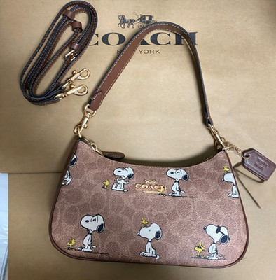COACH x PEANUTS Teri Shoulder Bag Tan Brown Snoopy Print Signature Canvas CBJ88