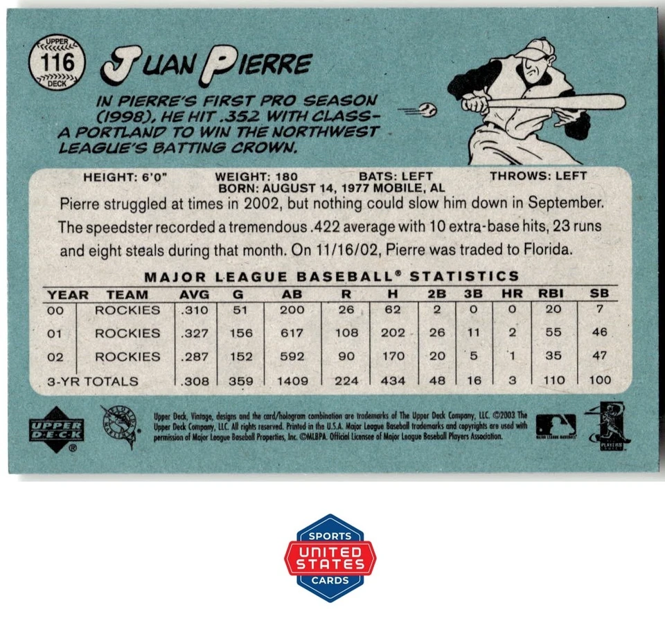 2003 Upper Deck Vintage #116 Juan Pierre - Image 2 of 2