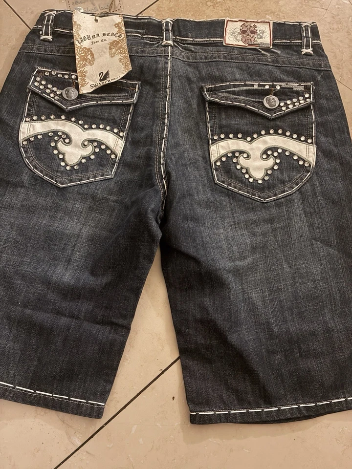 Pantalones Cortos de Jean Sueltos Cosidos a Mano Vintage Y2K Nuevos con Etiquetas Laguna Beach Jean Co Talla 40 Foto 4 de 4