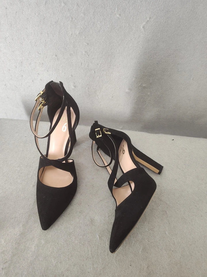 Mix No. 6 Zapatos de salón para mujer 7M negros con tiras tacón bloque hebilla dorada gamuza elegante zapato Foto 4 de 4