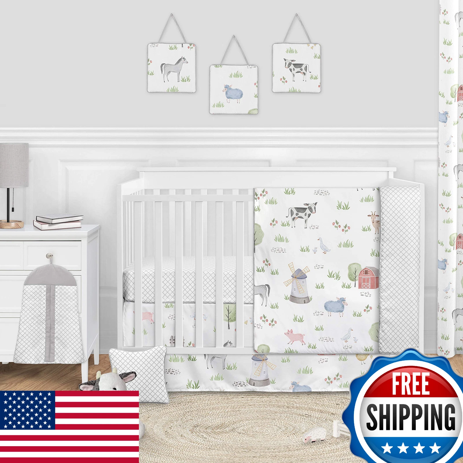 Sweet Jojo Designs Farm Animals 11-Pc Crib Bedding Set - Watercolor Farmhouse Nu