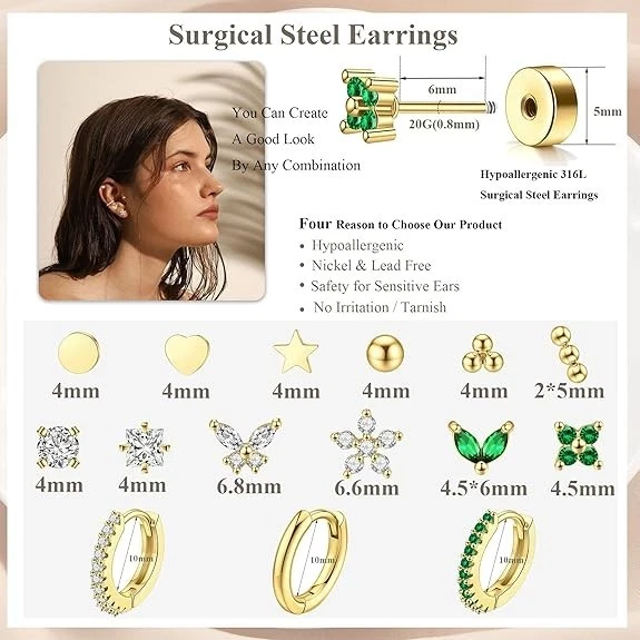 Hypoallergenic Surgical Steel Earrings for Sensitive Ears 14K Gold Flat Back Ear - Image 3 of 4