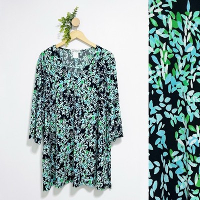 Ulla Popken Green Black Floral Stretch Lagenlook Tunic Size 20/22