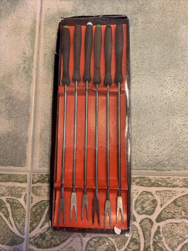 Vintage STAINLESS STEEL Set-6 FONDUE FORKS w/Wooden Handles Original Box *read