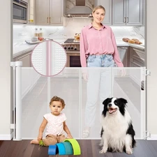 56 Inch Wide Retractable Dog Gate with Reinforced Strip, Retractable Baby Gat...